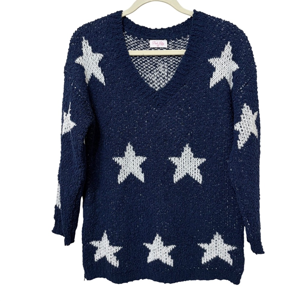 Pink Lily Navy Blue White Star V-Neck Popcorn Knit Sweater 12049-PL Medium